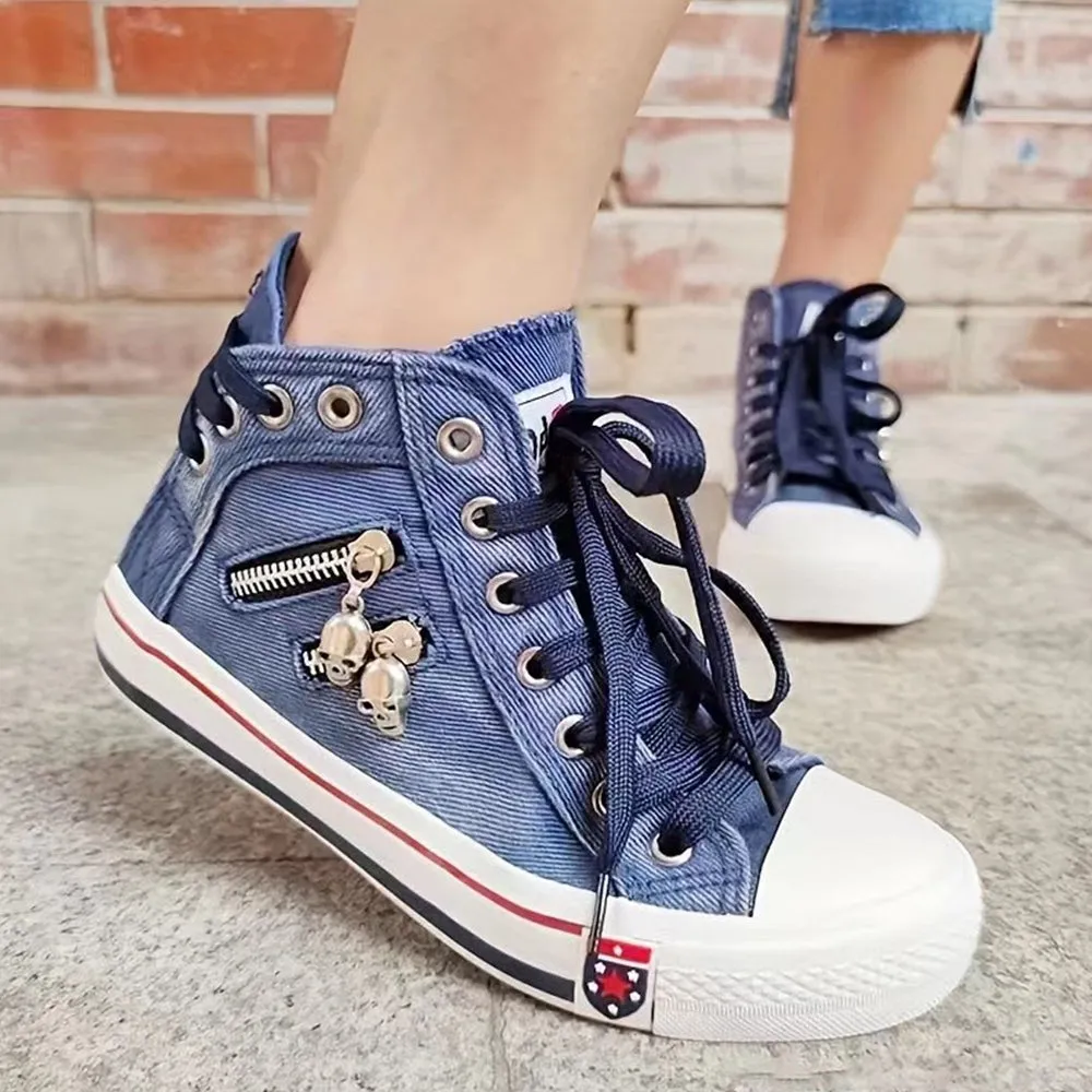 2024🔥New🔥All Season High Top Skull Zipper Design Canvas Denim Sneakers