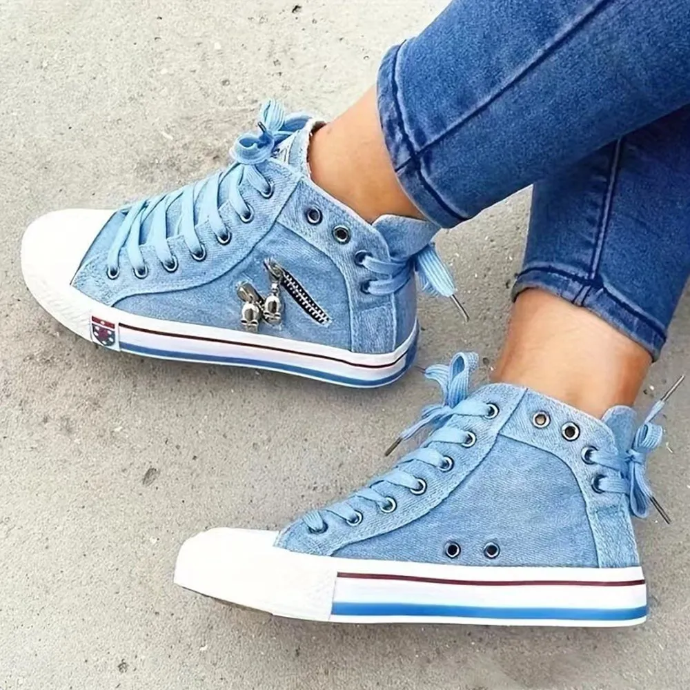 2024🔥New🔥All Season High Top Skull Zipper Design Canvas Denim Sneakers