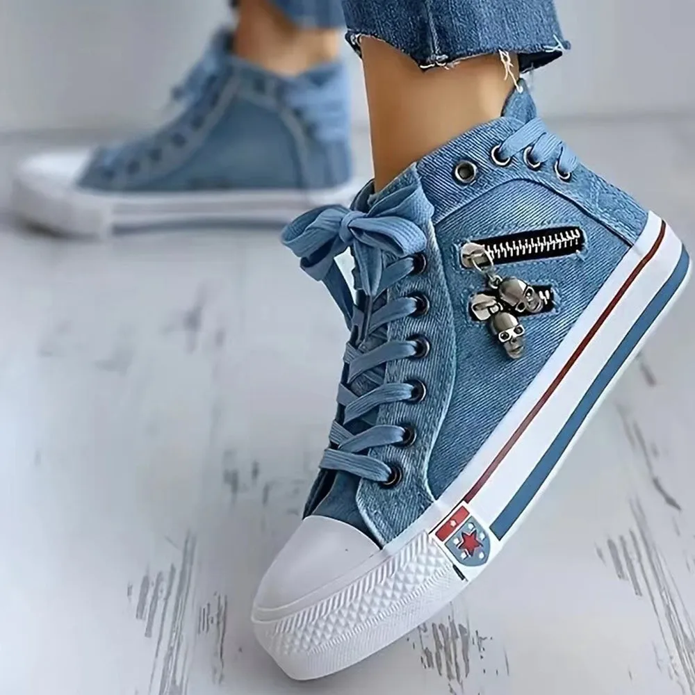 2024🔥New🔥All Season High Top Skull Zipper Design Canvas Denim Sneakers