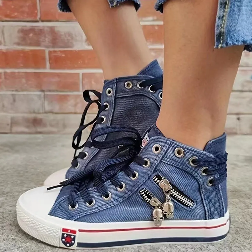 2024🔥New🔥All Season High Top Skull Zipper Design Canvas Denim Sneakers