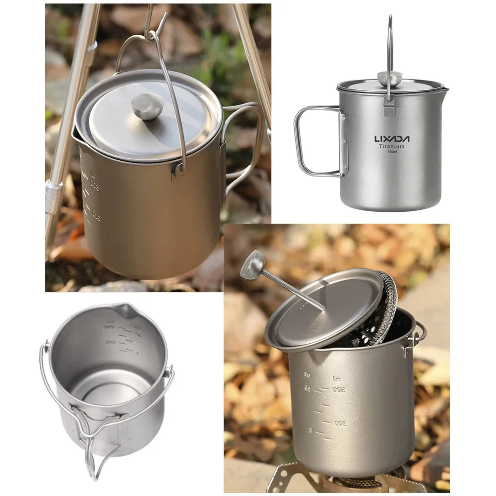 750Ml Titanium Coffee Cup Mug French Press Pot Coffee Maker with Lid Outdoor Camping Cooking Pot Fork Spoon Tableware