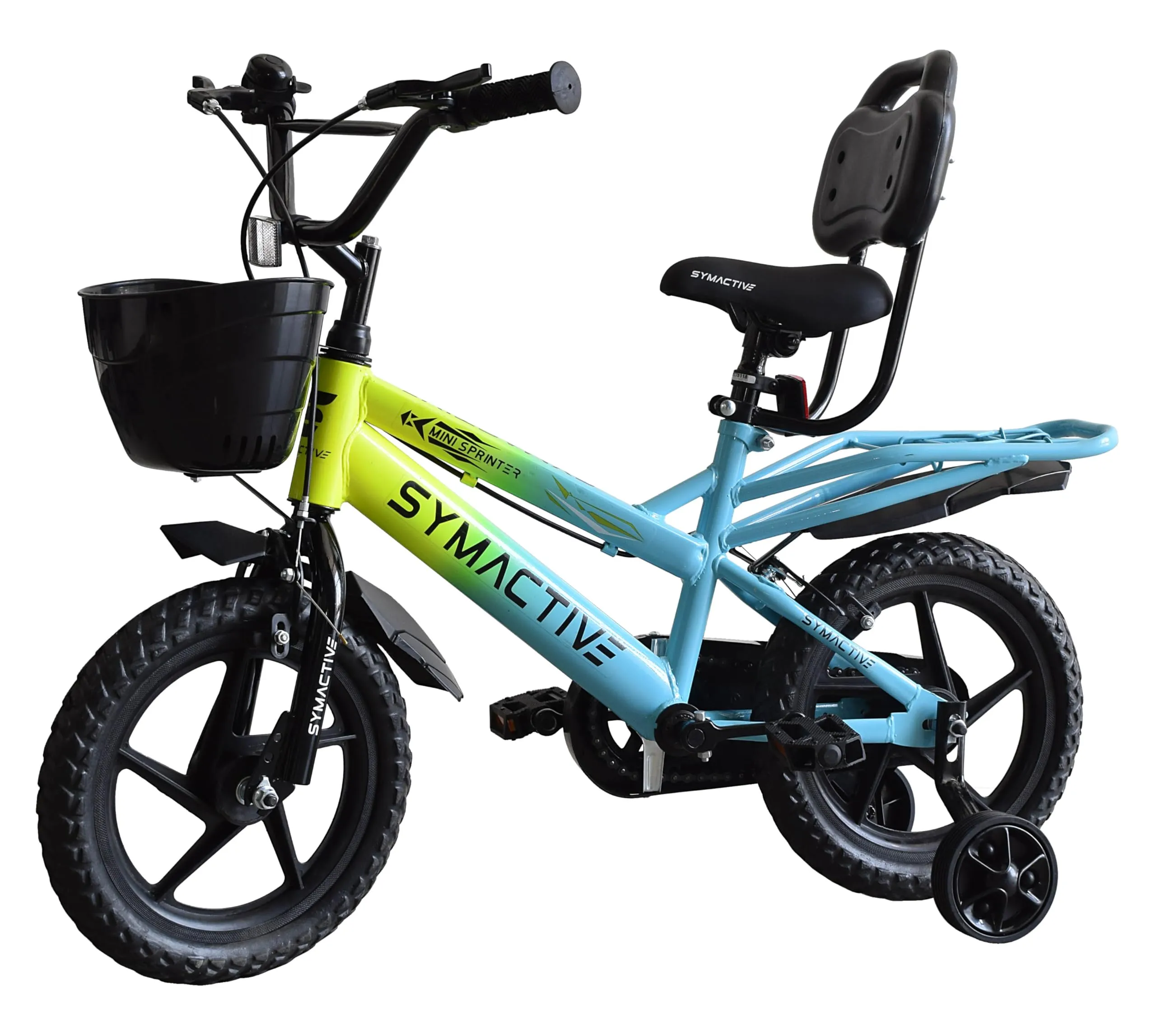 Amazon Brand - Symactive Mini Sprinter, 14T Single Speed Kids Bike/Bicycle/Cycle, Calliper-Brakes, Frame Size: 10 inch, Age: 3-5 Yr, Eva Tyre (Blue/Green, Unisex)