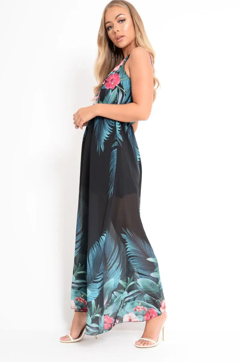 Black Chiffon Leaf Print Plunge Maxi Dress - Marlin