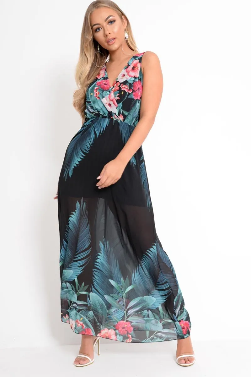 Black Chiffon Leaf Print Plunge Maxi Dress - Marlin