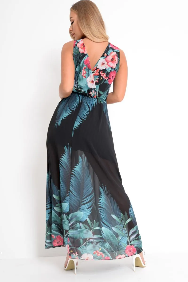 Black Chiffon Leaf Print Plunge Maxi Dress - Marlin