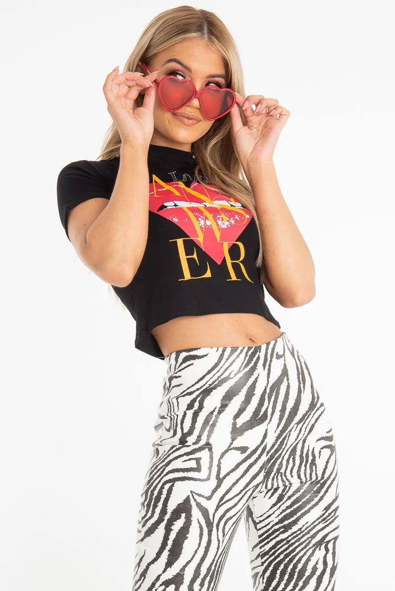 Black Heart Lips Slogan Printed Crop T-Shirt - Lacey