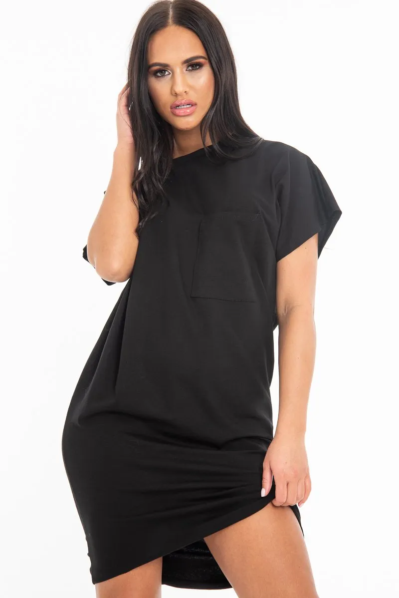 Black Oversized Pocket Front Midi T-Shirt Dress - Whitney