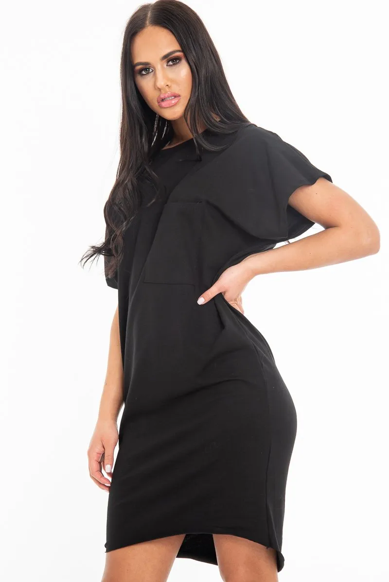 Black Oversized Pocket Front Midi T-Shirt Dress - Whitney