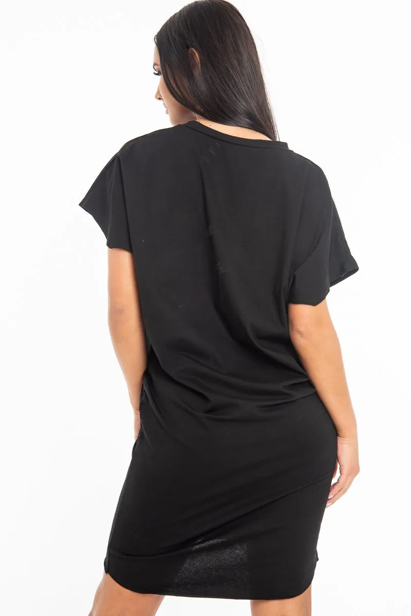 Black Oversized Pocket Front Midi T-Shirt Dress - Whitney