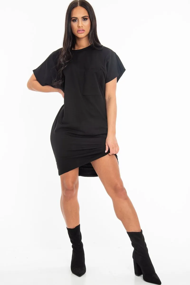 Black Oversized Pocket Front Midi T-Shirt Dress - Whitney