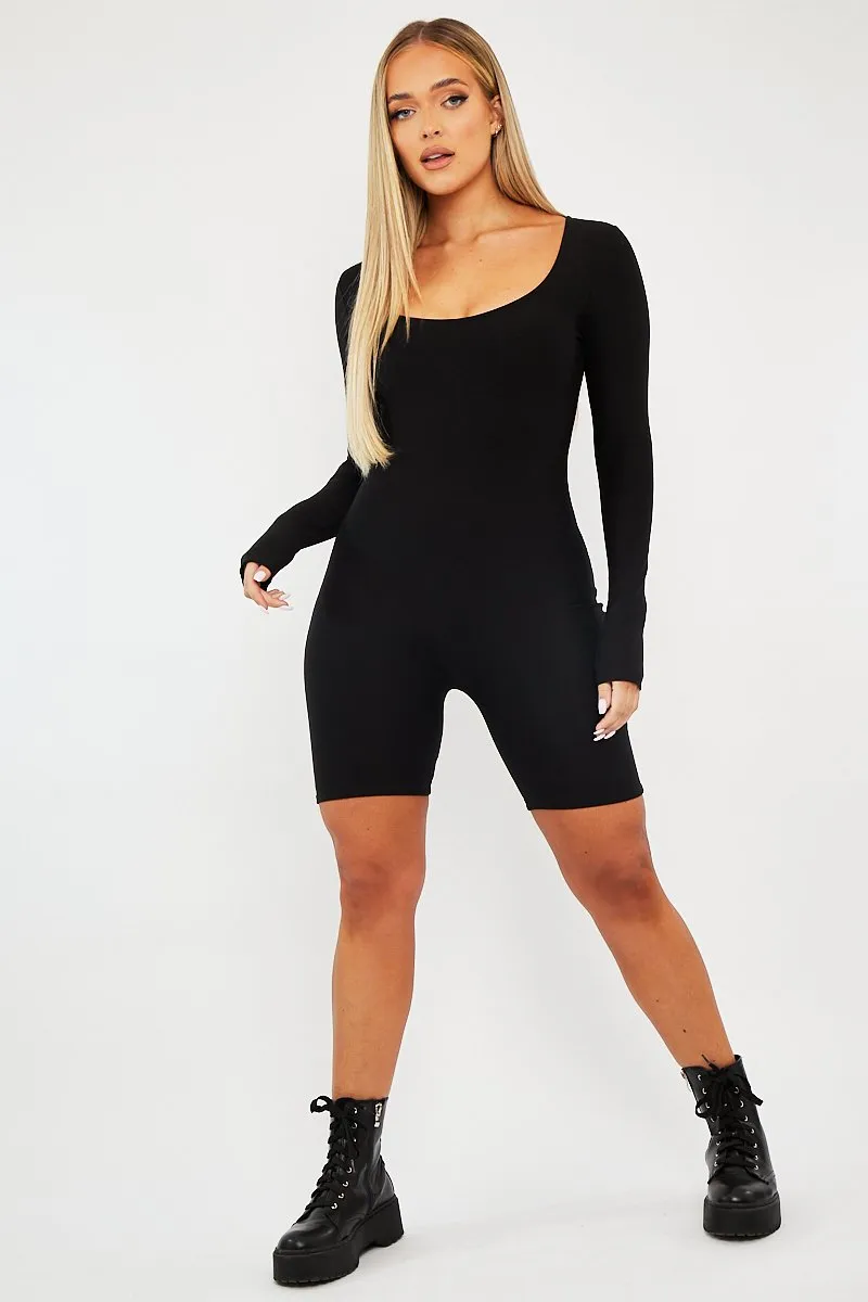 Black Scoop Neck Long Sleeve Unitard - Esme