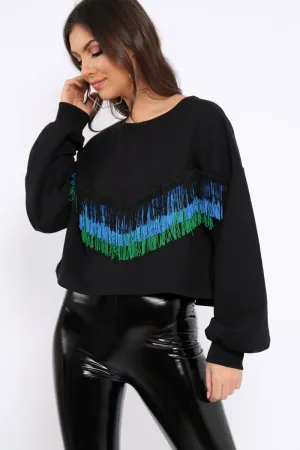 Black Tassel Front Cropped Jumper - Cosima