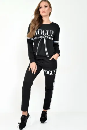 Black Vogue Slogan Tie Front Loungewear Set - Bryana