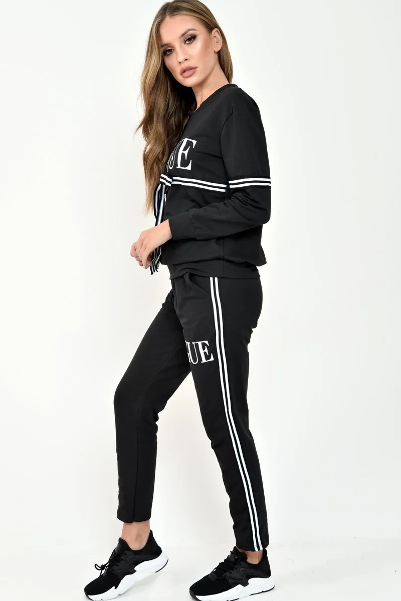 Black Vogue Slogan Tie Front Loungewear Set - Bryana