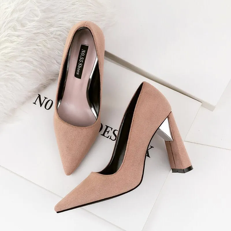 Chunky Heel Point Toe Suede Work Pumps