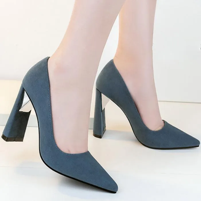 Chunky Heel Point Toe Suede Work Pumps