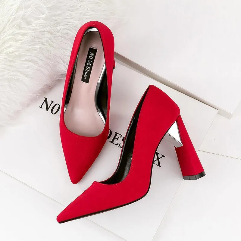 Chunky Heel Point Toe Suede Work Pumps