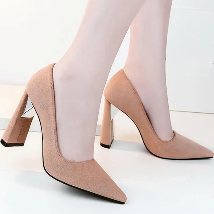 Chunky Heel Point Toe Suede Work Pumps