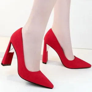 Chunky Heel Point Toe Suede Work Pumps