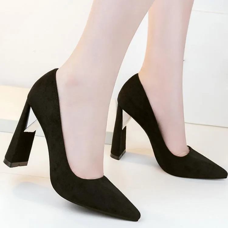 Chunky Heel Point Toe Suede Work Pumps