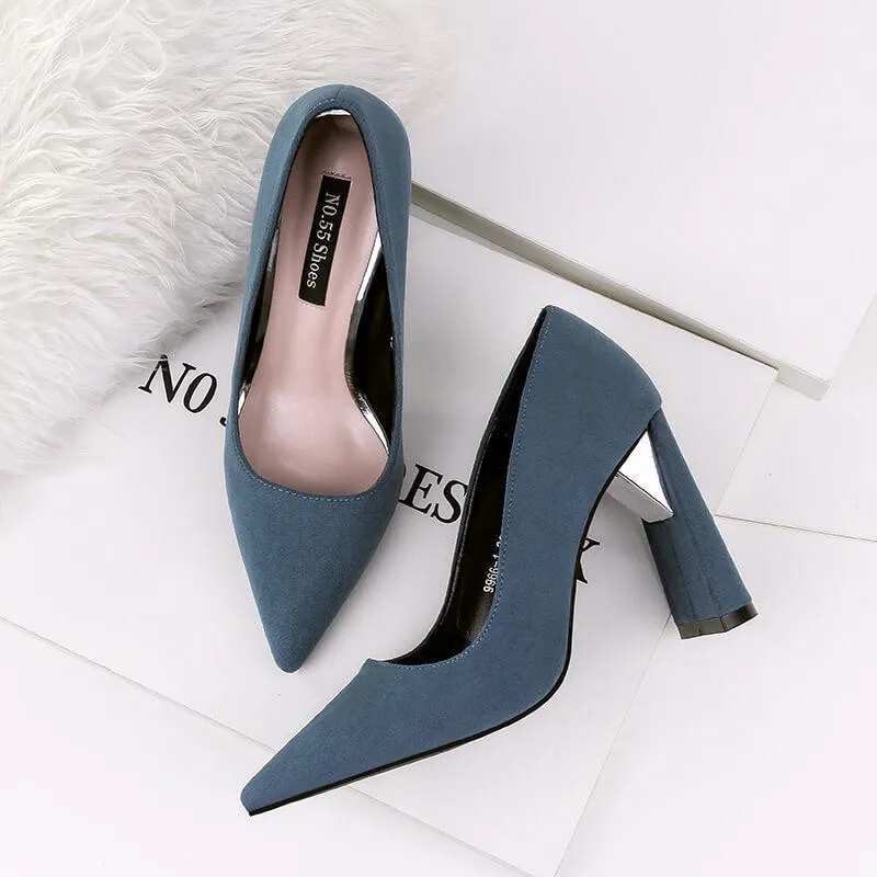 Chunky Heel Point Toe Suede Work Pumps