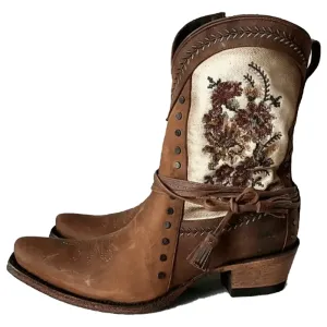 Cowboycore Flowers Embroidery Cowgirl Brown Boots