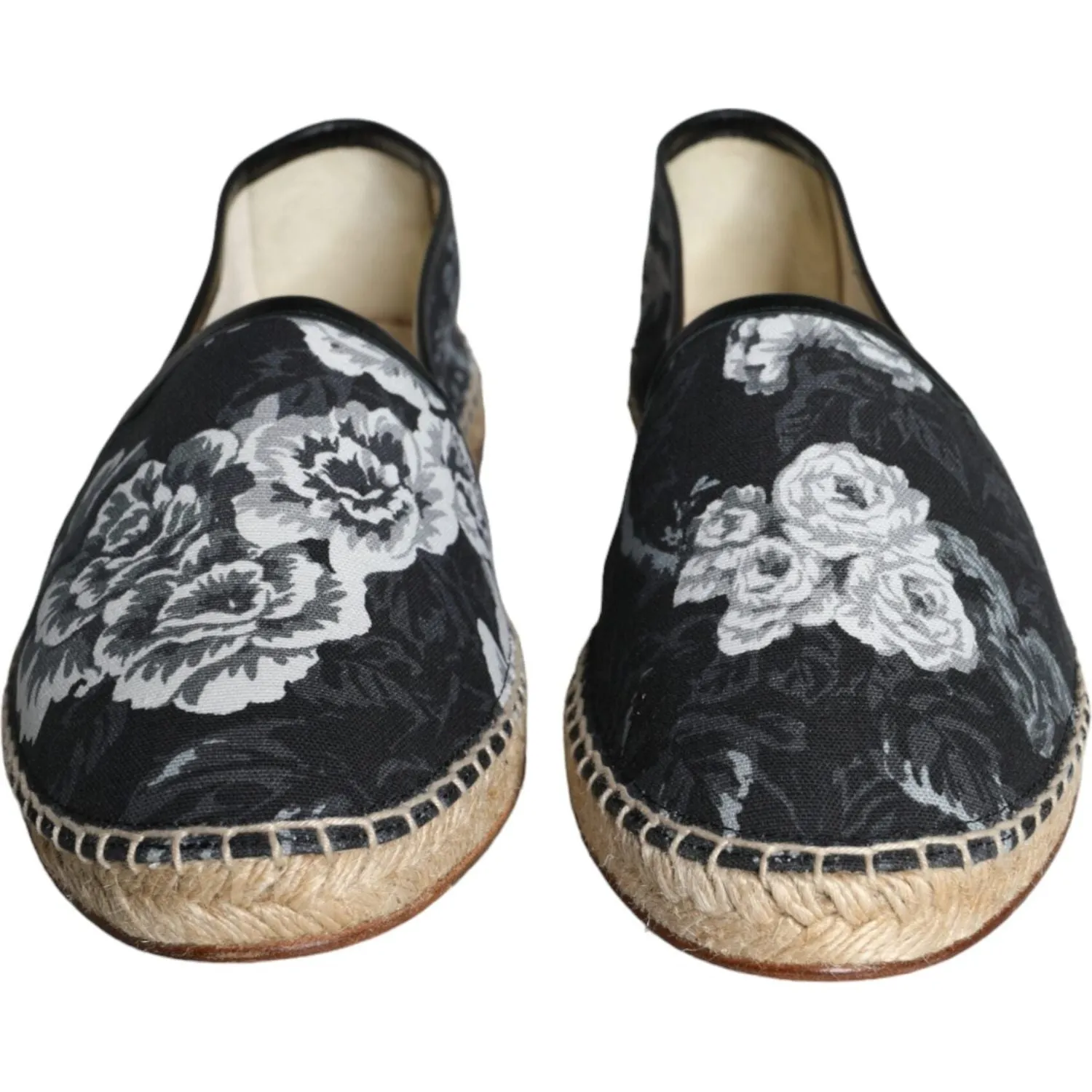 Dolce & Gabbana Black Floral Cotton Leather Espadrilles Shoes