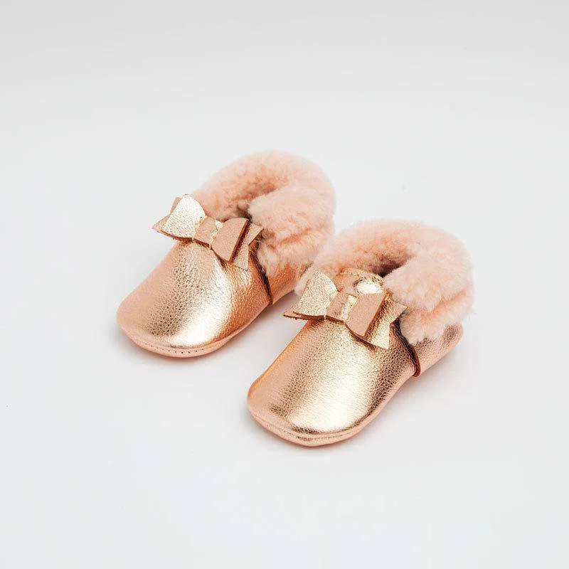 Freshly Picked | Shearling Bow Mocc Mini Sole ~ Rose Gold with Pink