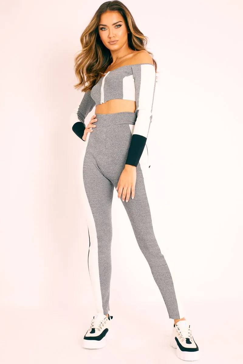 Grey Colour Block Bardot Crop Legging Co-ord - Sheyla