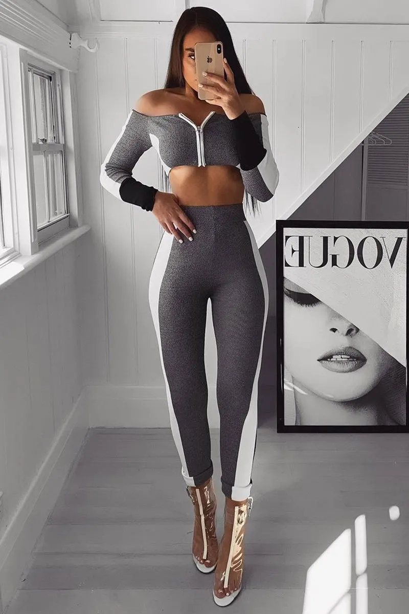 Grey Colour Block Bardot Crop Legging Co-ord - Sheyla