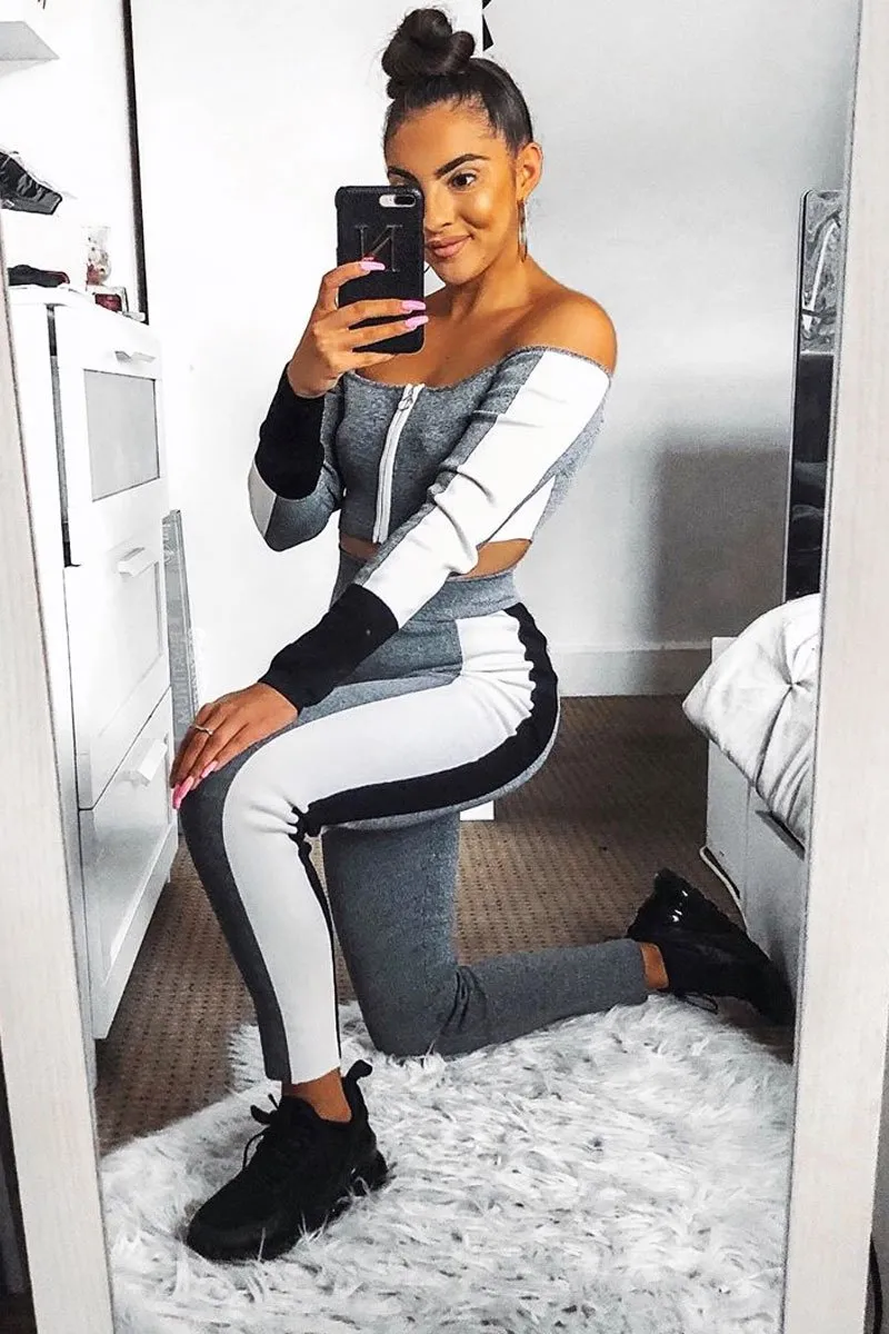 Grey Colour Block Bardot Crop Legging Co-ord - Sheyla