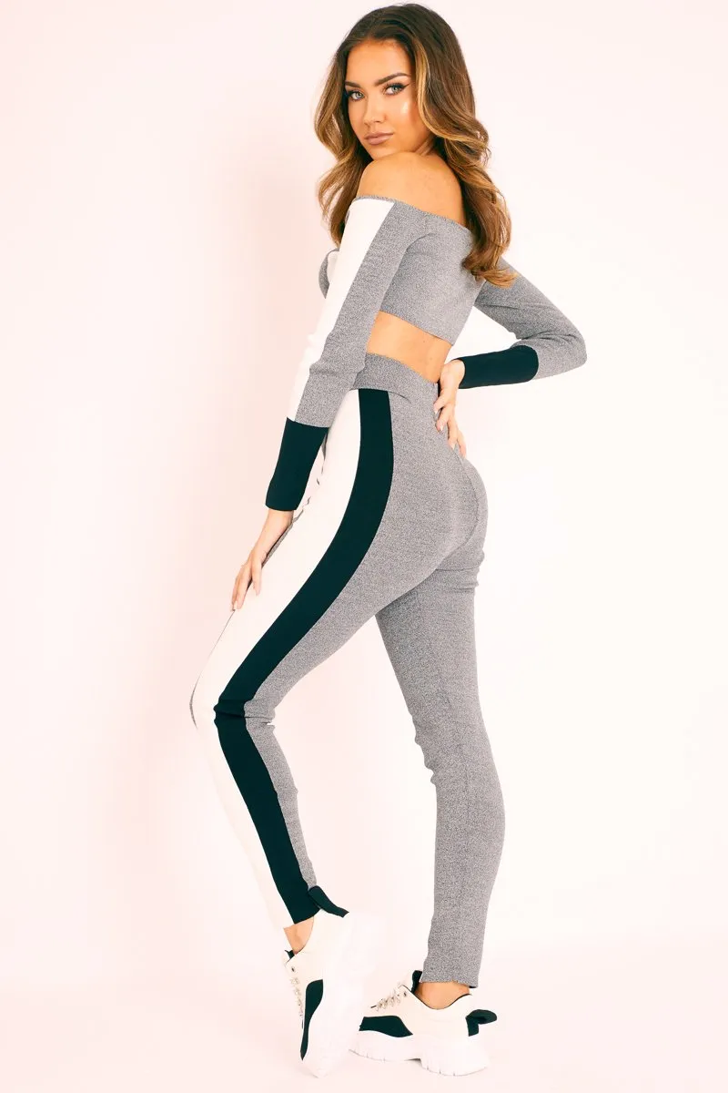 Grey Colour Block Bardot Crop Legging Co-ord - Sheyla