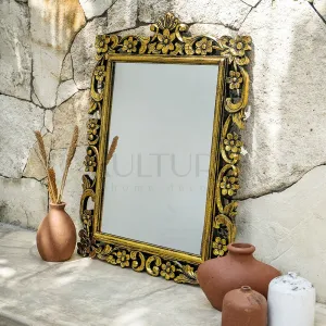 Hand Carved Mirror "Gelora" Gold Wash - 90 cm