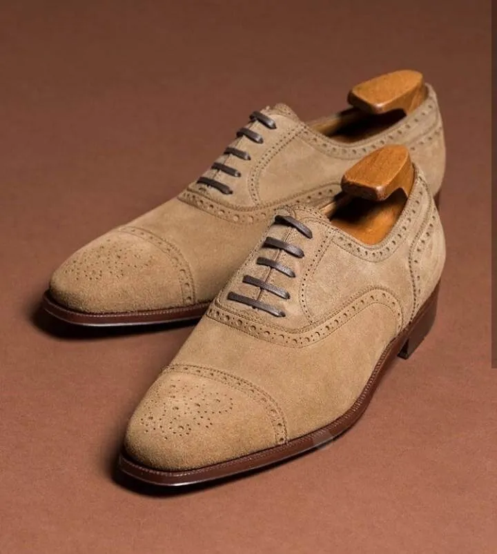 Handmade Men's Beige Suede Cap Toe Brogue Shoes