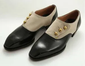 Handmade Men's Black Beige Leather Suede Button Derby Shoes