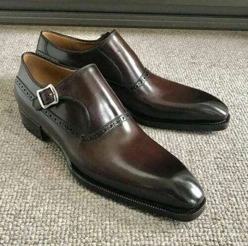 Handmade Men's Leather Monk Strap Brown Derby Shoes