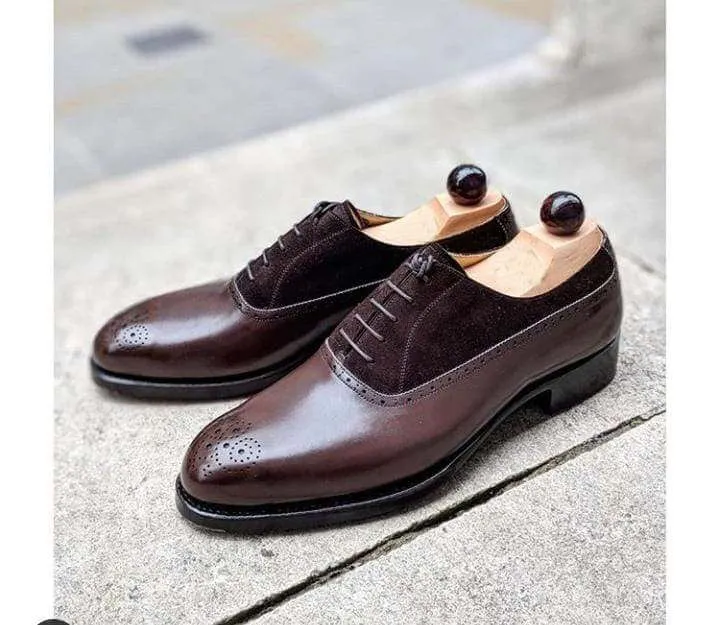 Handmade Men's Leather Suede Dark Brown Brogue Shoes