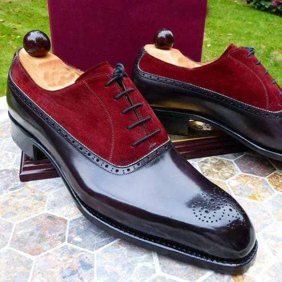 Handmade Men's Maroon Leather Suede Black Brogue Shoes