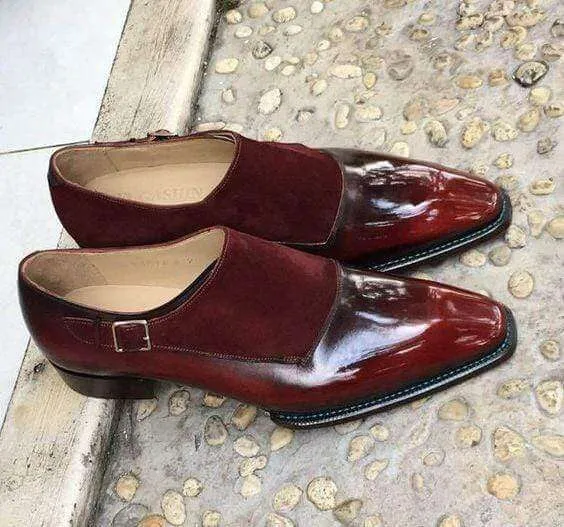 Handmade Men's Maroon Leather Suede Monk Strap Shoes