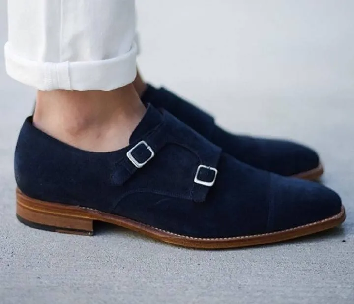 Handmade Men's Navy Blue Suede Cap Toe Monk Shoes