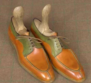 Handmade Men's Tan Leather Split Toe Green Shoes