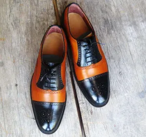 Handmade Tan Black Leather Cap Toe Brogue Shoes