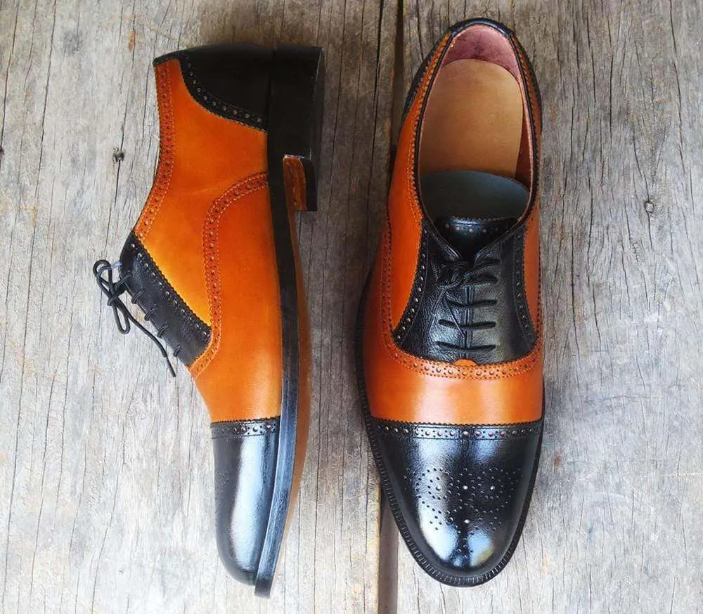 Handmade Tan Black Leather Cap Toe Brogue Shoes