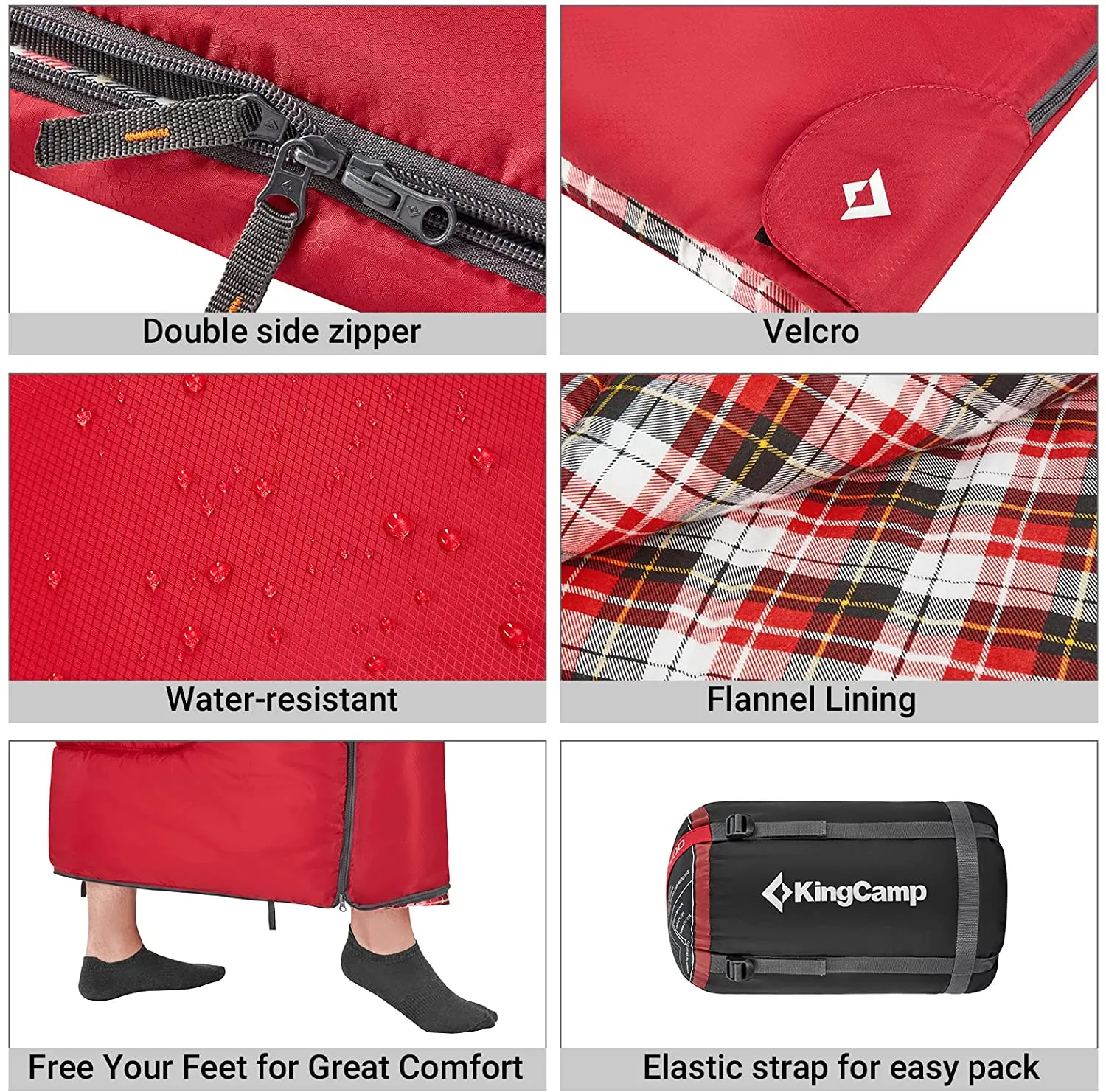 KingCamp Camping Sleeping Bag Cotton Flannel Sleeping Bags Cold Weather 39℉ for Adults Red