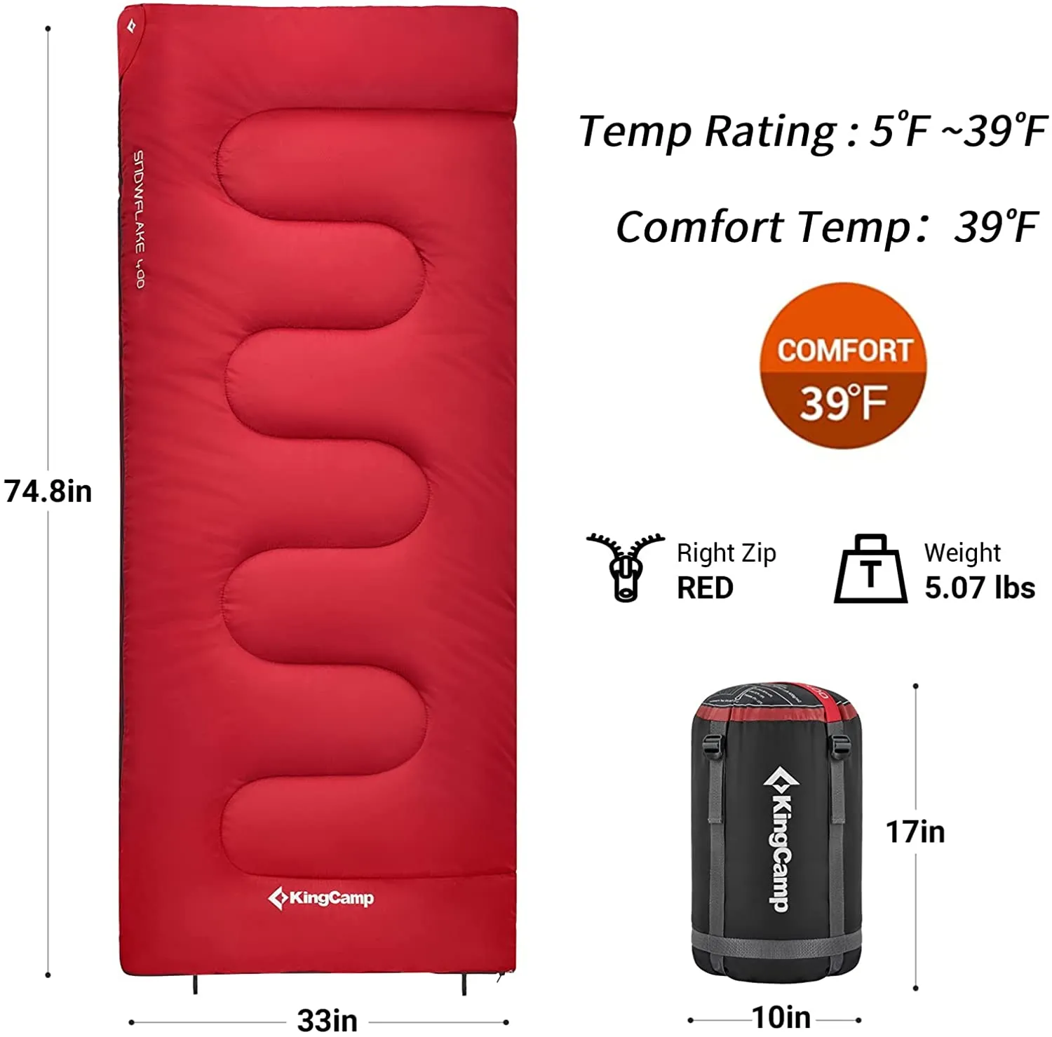 KingCamp Camping Sleeping Bag Cotton Flannel Sleeping Bags Cold Weather 39℉ for Adults Red