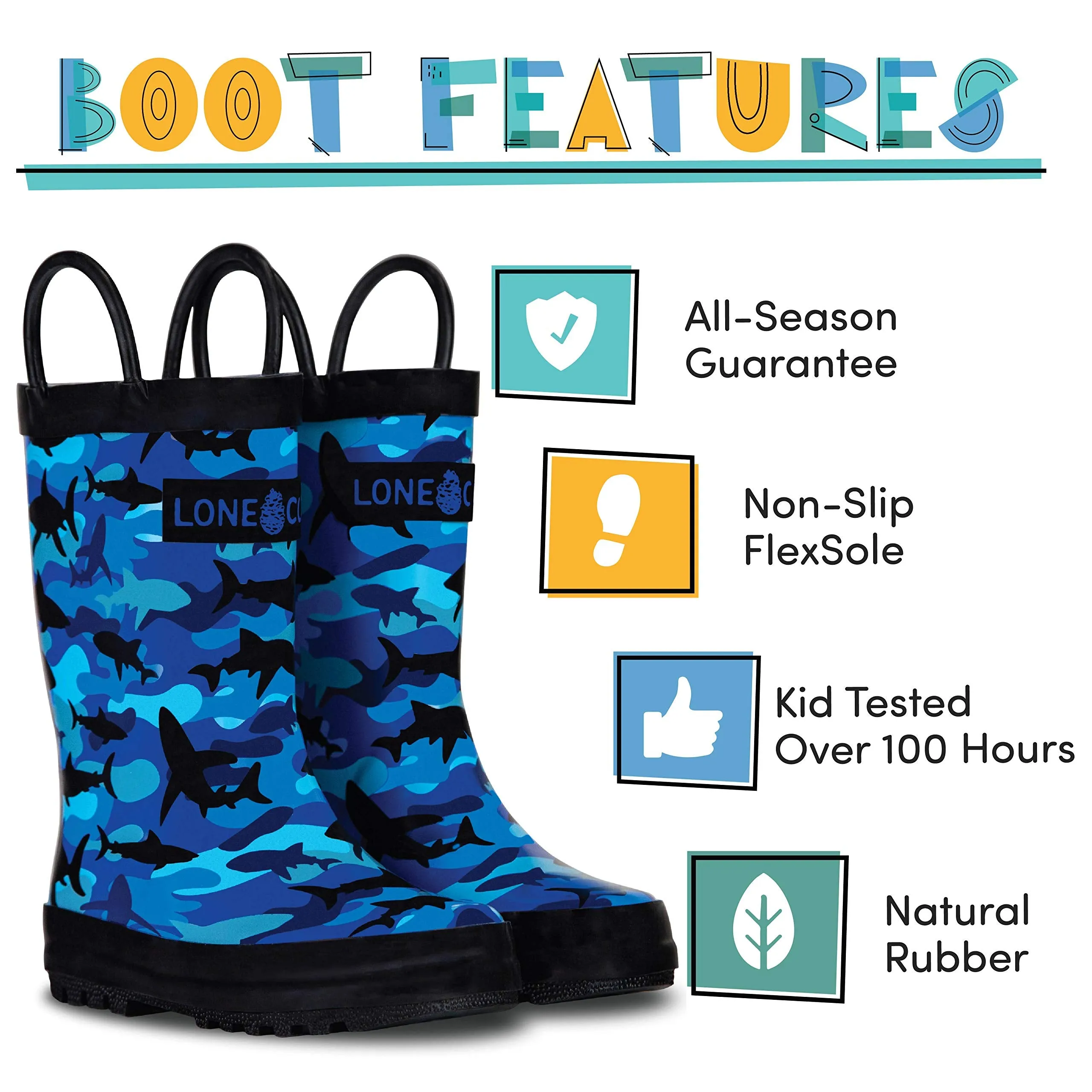 Lone Cone Rain Boots with Easy-On Handles in Fun Patterns for Toddlers and Kids, Shark Shadows (Camo), 7 Toddler