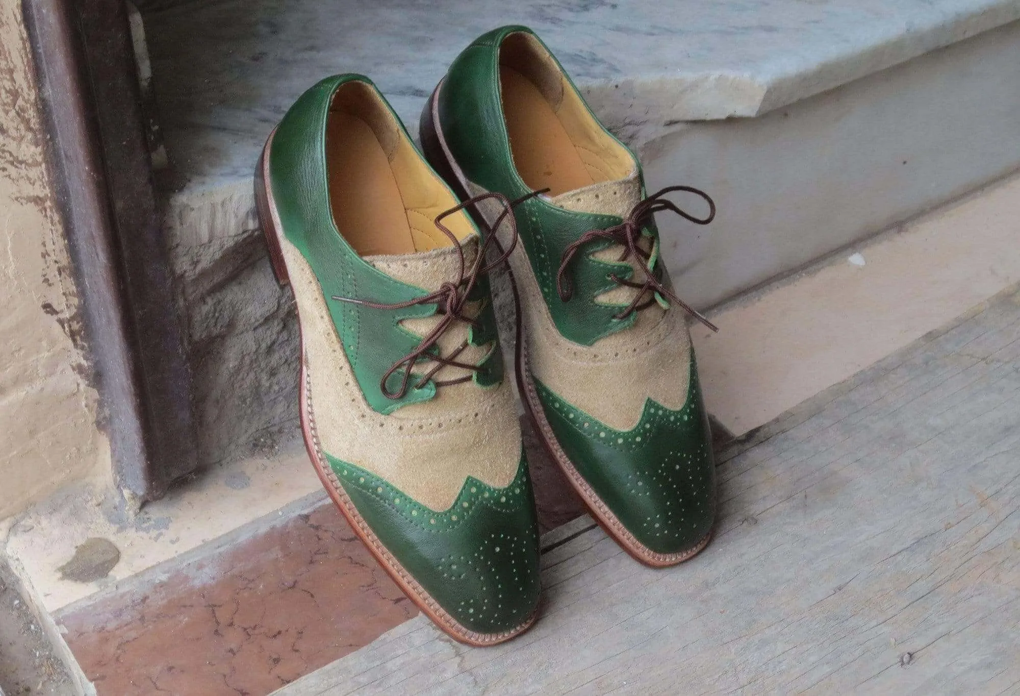 Men's Beige Green Leather Suede Wing Tip Brogue Shoes