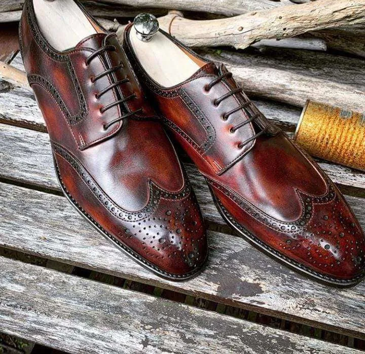 Men's Leather Burgundy Wing Tip Brogue Lace Up Shoes