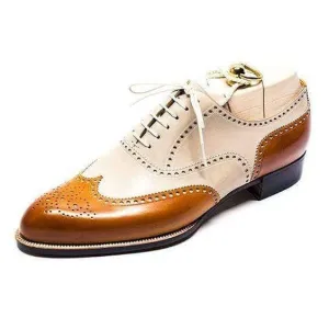 Men's Leather Tan Beige Wing Tip Brogue Shoes