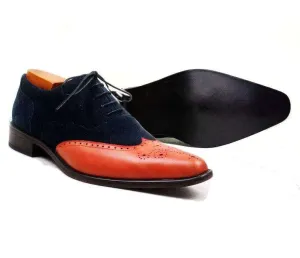 Men's New Tan Navy Blue Leather Suede  Shoe